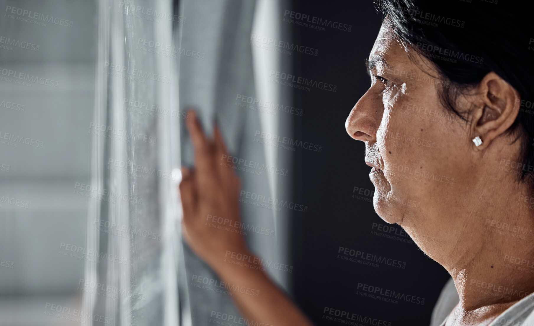 Buy stock photo Serious, senior woman and thinking about future, window in nursing home or decision for retirement, life insurance and healthcare. Elderly person, anxiety and depression in mental health about death