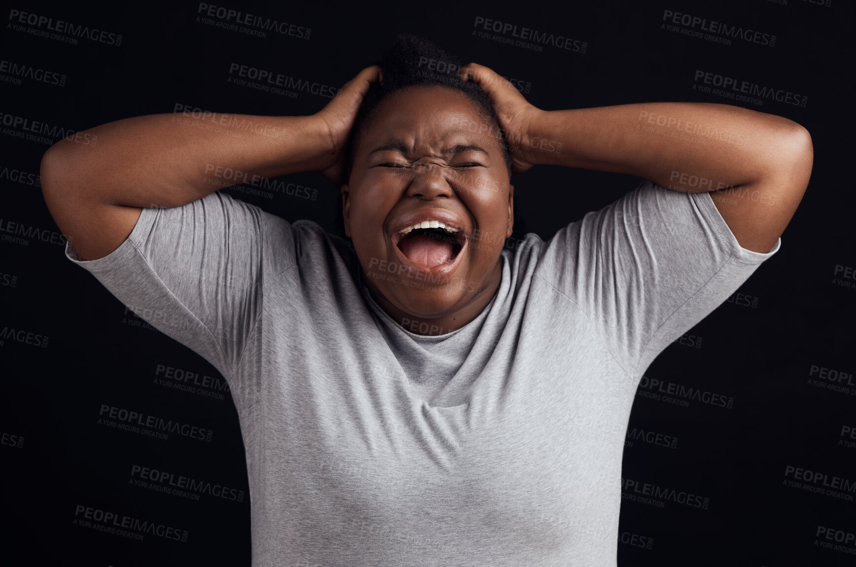 Buy stock photo Anger, frustrated and black woman screaming, depression and mental health on a dark black studio background. Person, emotion and model shouting, anxiety and angry with grief, moody and lose control