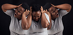 Schizophrenia, fear and black woman on a studio background for mental health problem. Bipolar, psychology and an African girl or sick person screaming with stress, anxiety or frustrated on a backdrop