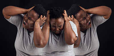 Buy stock photo Schizophrenia, fear and black woman on a studio background for mental health problem. Bipolar, psychology and an African girl or sick person screaming with stress, anxiety or frustrated on a backdrop