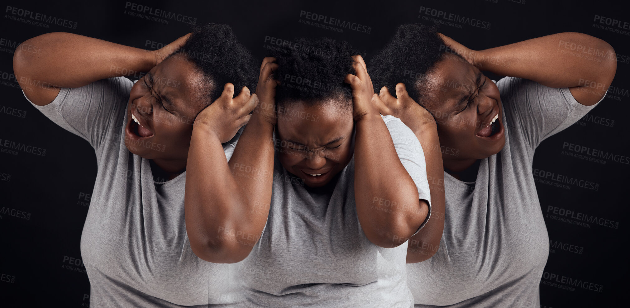 Buy stock photo Schizophrenia, fear and black woman on a studio background for mental health problem. Bipolar, psychology and an African girl or sick person screaming with stress, anxiety or frustrated on a backdrop