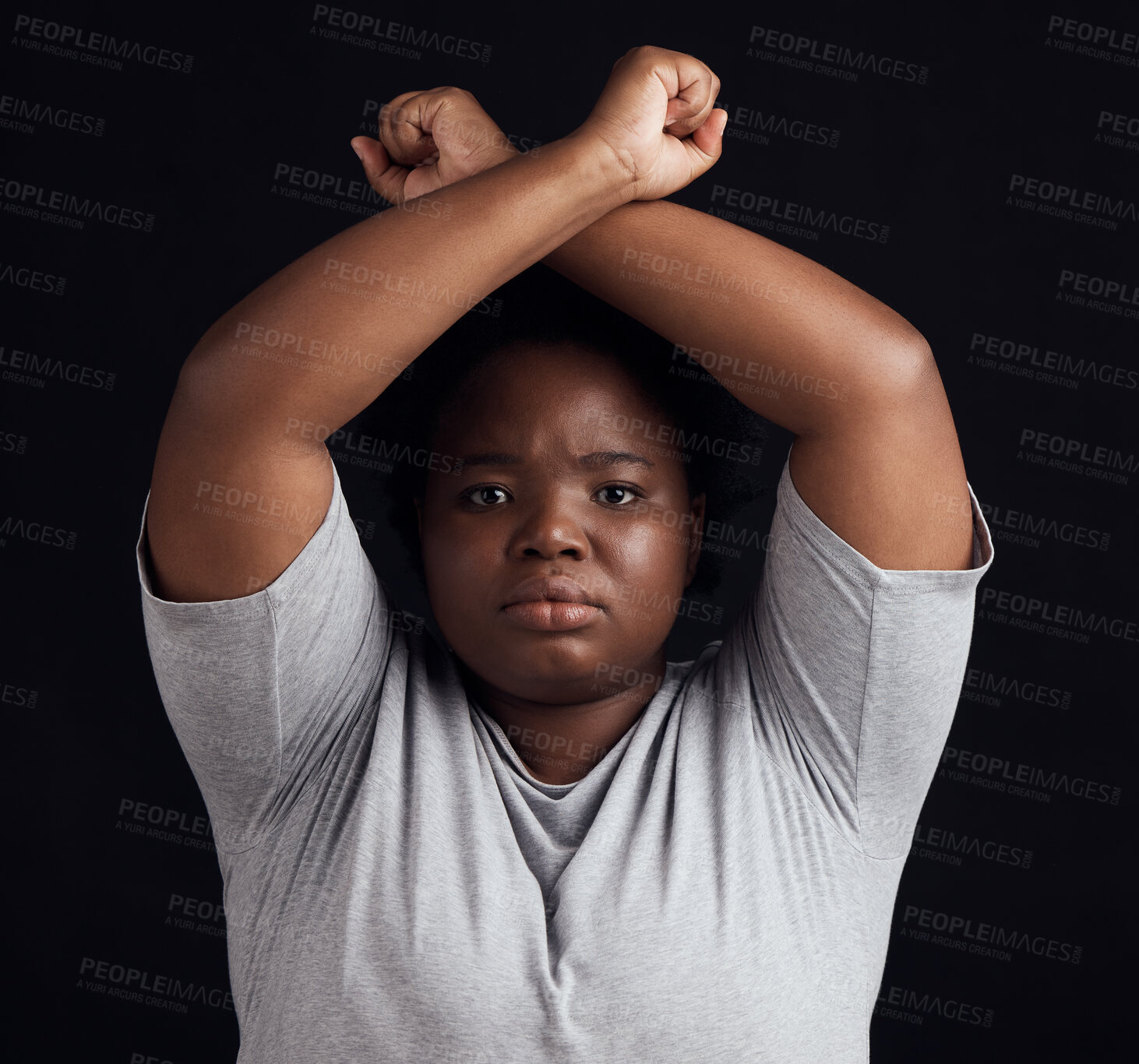 Buy stock photo Portrait, human rights and a black woman in protest of domestic violence on a dark background. Freedom, equality or empowerment with a serious young female person in studio for gender discrimination 