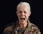 Portrait, shout and senior woman, soldier or Ukraine war hero with PTSD trauma, fear or depression anxiety. Military warrior, schizophrenia or studio face of scared elderly person on black background