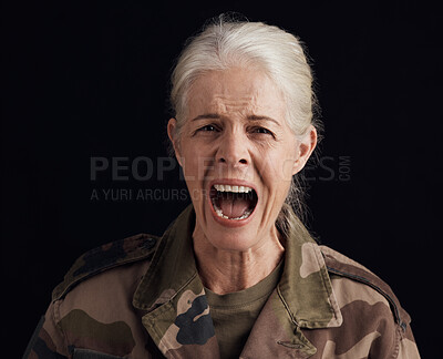 Buy stock photo Portrait, shout and senior woman, soldier or Ukraine war hero with PTSD trauma, fear or depression anxiety. Military warrior, schizophrenia or studio face of scared veteran person on black background