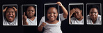 Mental health, psychology and bipolar with portrait of black woman in studio for schizophrenia, anxiety and depression. Personality disorder, sad and fear with pictures of person on dark background