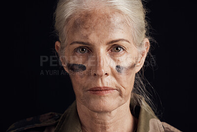 Buy stock photo Soldier, military portrait and senior woman of protection force, battle warrior or Ukraine war hero, leader or navy veteran. Army courage, face paint and elderly studio person on black background