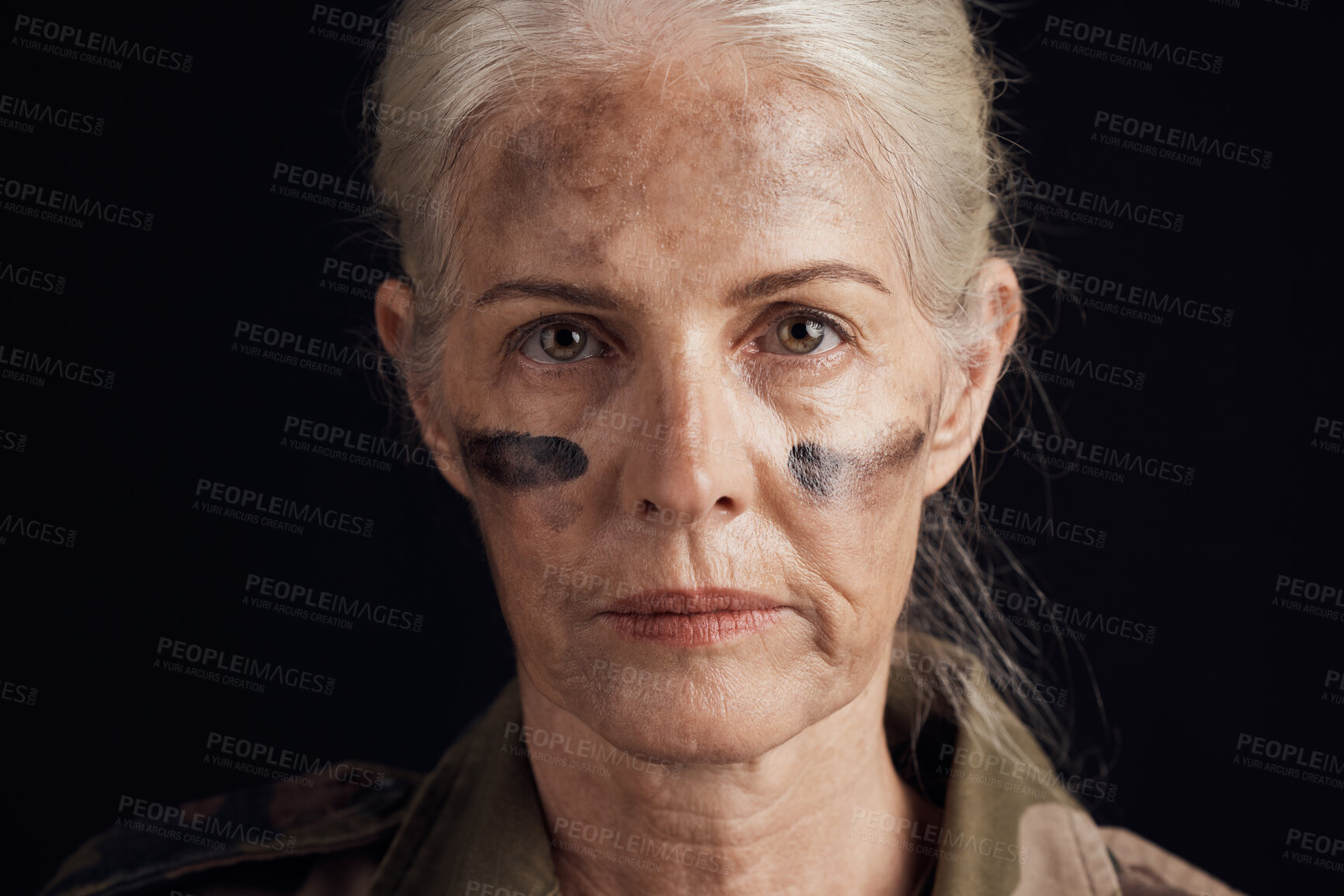 Buy stock photo Soldier, military portrait and senior woman of protection force, battle warrior or Ukraine war hero, leader or navy veteran. Army courage, face paint and elderly studio person on black background