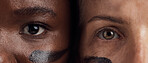 Eyes, diversity and empowerment with women closeup in studio for human rights or gender equality. Portrait, face and courage with confident female people in a politics protest of violence together