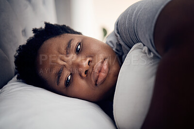 Buy stock photo Black woman, depression and insomnia with mental health problem, tired and stress with anxiety at home. Female person in bed, depressed and psychology with life crisis, sad with fatigue and grief