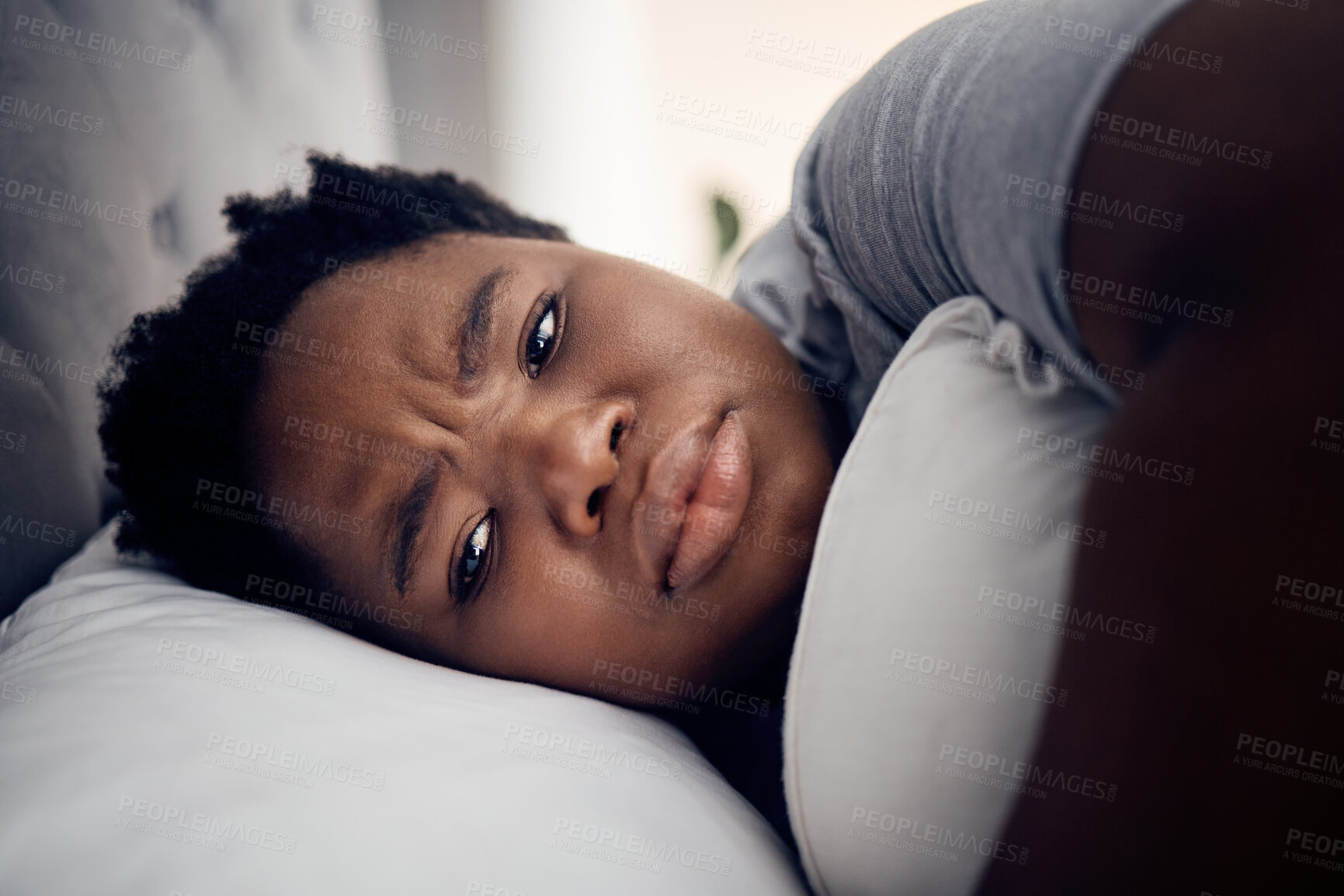 Buy stock photo Black woman, depression and insomnia with mental health problem, tired and stress with anxiety at home. Female person in bed, depressed and psychology with life crisis, sad with fatigue and grief