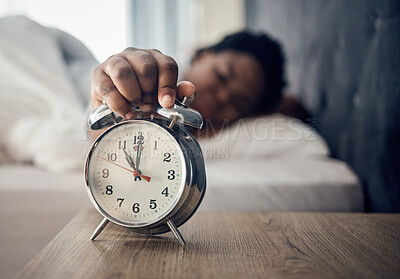 Buy stock photo Wake up, alarm clock or woman sleeping in bed in the morning after resting pressing a snooze button. Sleepy blur, hand or tired person at home getting up from nap in bedroom ready to start a new day