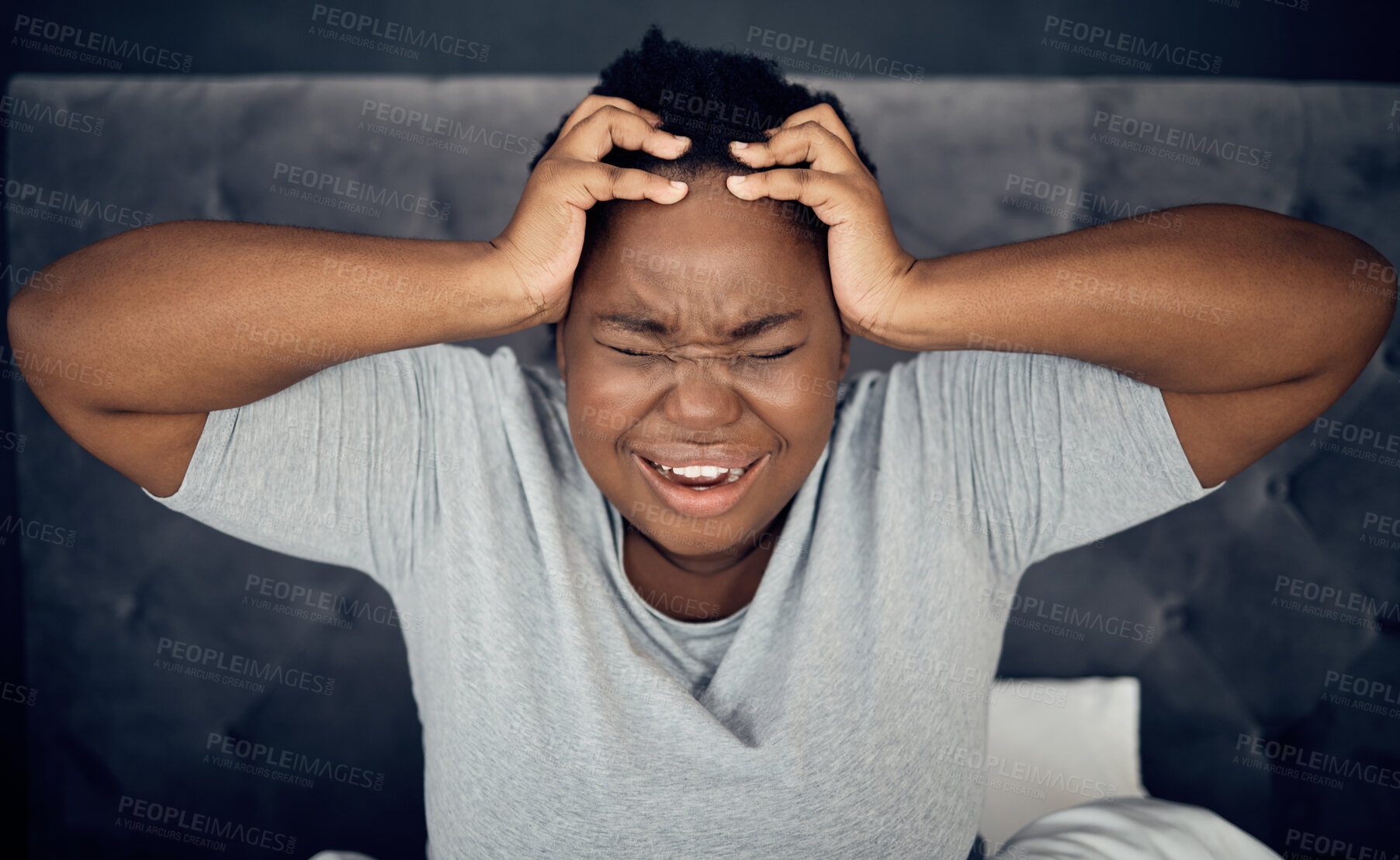 Buy stock photo Insomnia, screaming and tired black woman in bedroom at night with anxiety, headache and stress at home. Depression, mental health and female person with pain for problem, anger and morning fatigue