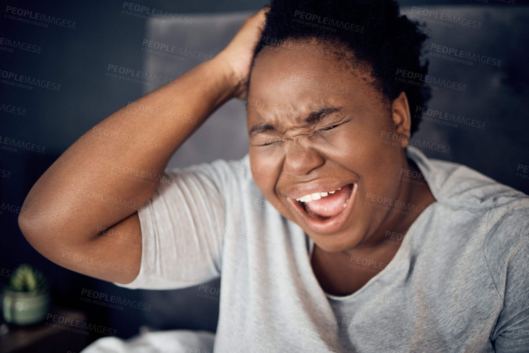 Buy stock photo Insomnia, screaming and black woman in bedroom at night with anxiety, headache and stress at home. Depression, tired and female person with pain for mental health problem, anger and morning fatigue