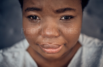 Buy stock photo Sad, crying and black woman with depression, anxiety and financial crisis. Tears, stress and African person in pain from breakup, trauma and disaster of death, mental health problem and frustrated