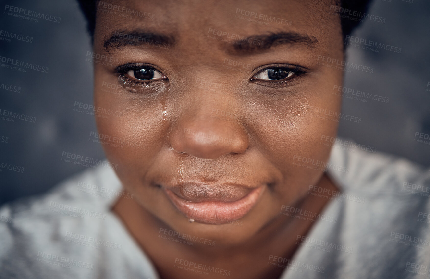 Buy stock photo Sad, crying and black woman with depression, anxiety and financial crisis. Tears, stress and African person in pain from breakup, trauma and disaster of death, mental health problem and frustrated