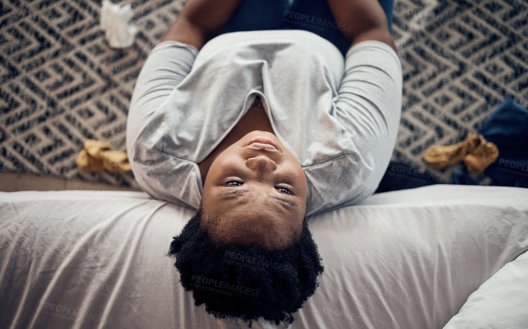 Buy stock photo Sad, crying and black woman with depression, stress or anxiety from broken heart or divorce at home. Tears, stress or person in pain from breakup, trauma or disaster of death or mental health above