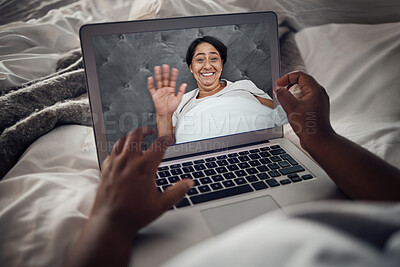 Buy stock photo Video call, laptop screen and wave with old woman in bed for communication, social media or relax. Contact, virtual and chat with senior person in bedroom at home for morning, technology and internet