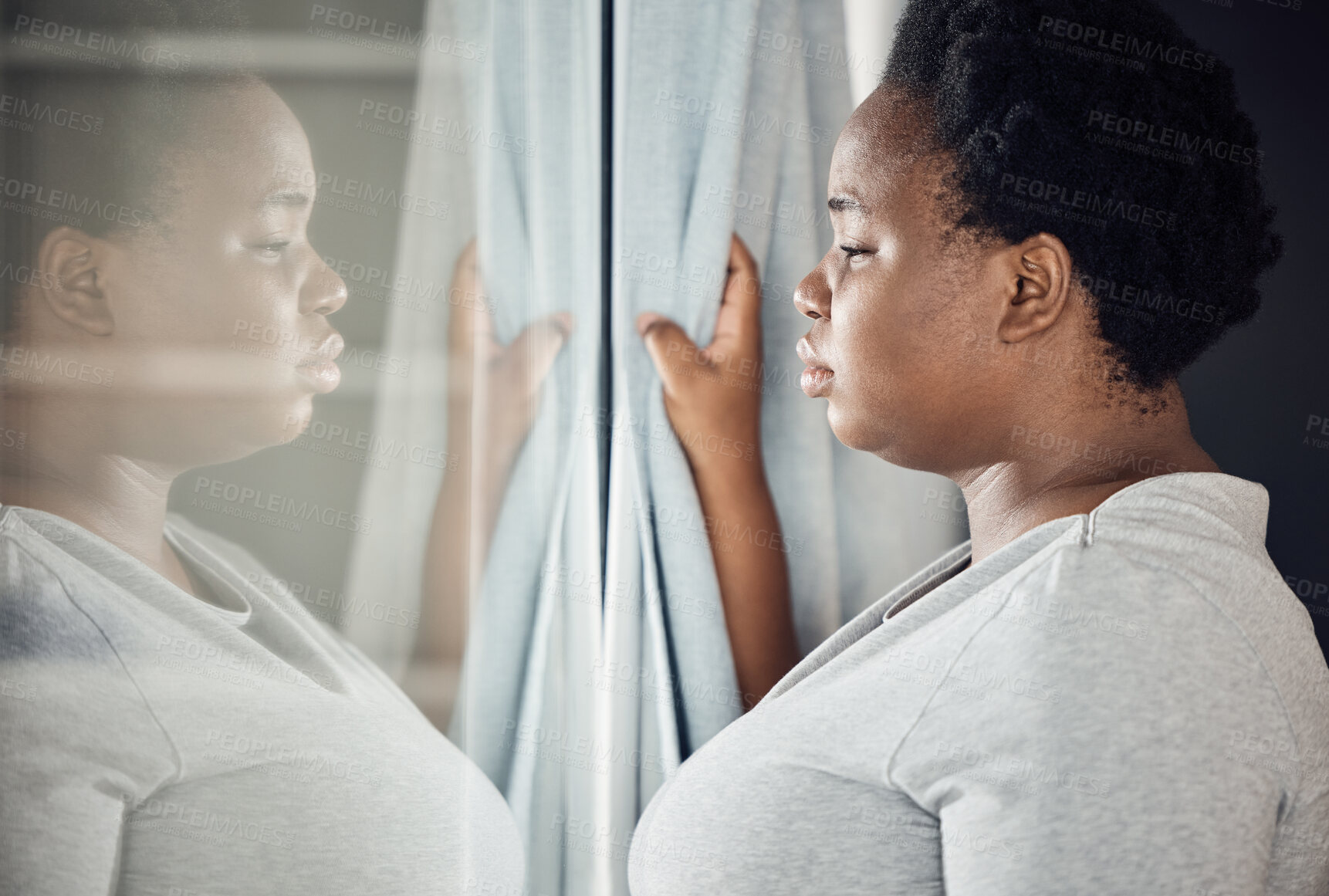 Buy stock photo Window, thinking or black woman with depression, stress or mental health crisis by curtain at home. Worry, lonely lady or sad African person with broken heart, loss or anxiety from emotional grief