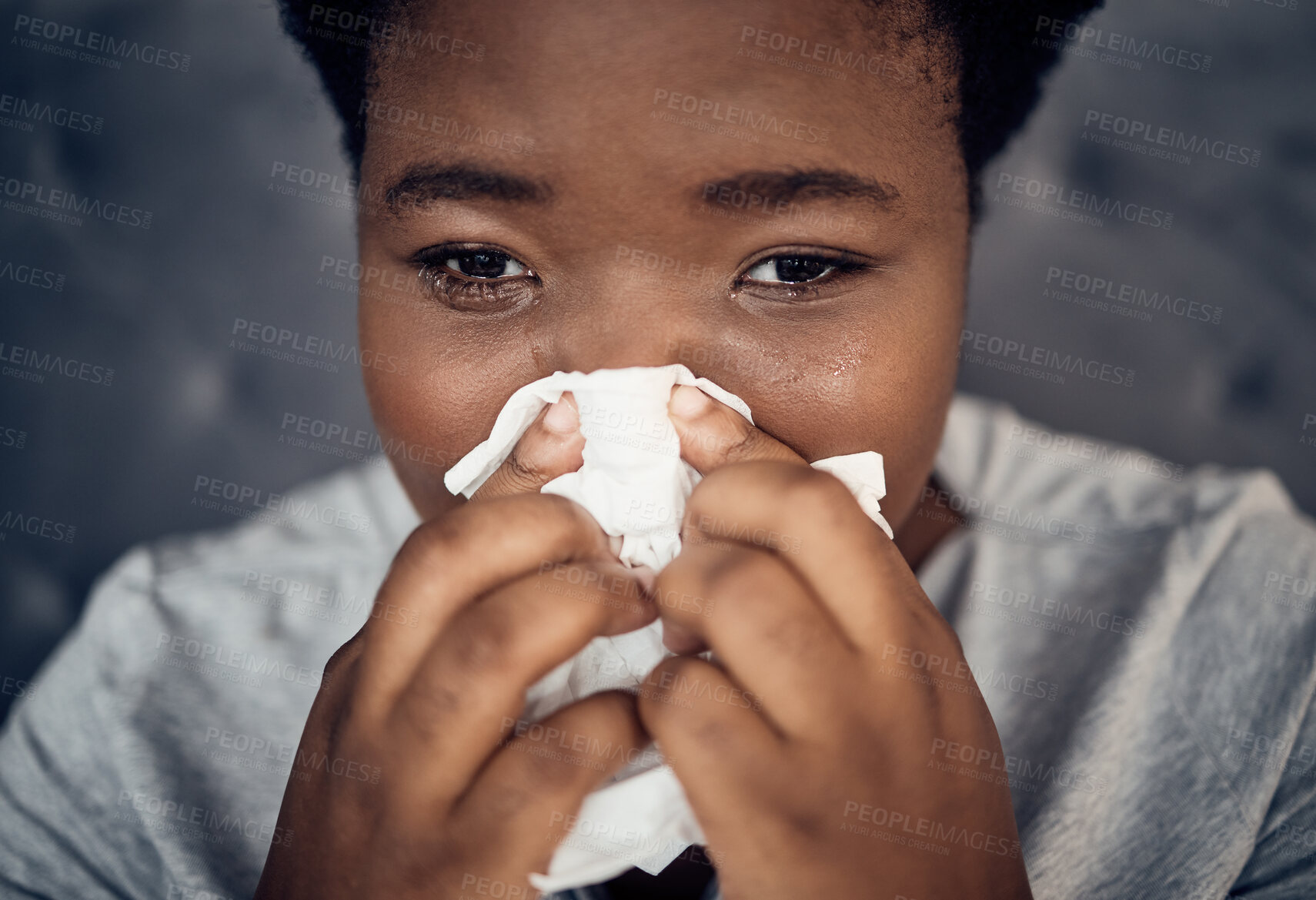 Buy stock photo Crying, sad and black woman with depression, tissue and crisis in home. Tears, stress and African person with anxiety from breakup, trauma or grief for death, mental health problem and frustrated