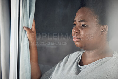 Buy stock photo Curtain, thinking or black woman with depression, stress or mental health problem by window at home. Worry, lonely or tired African person with broken heart, loss or anxiety from emotional grief 