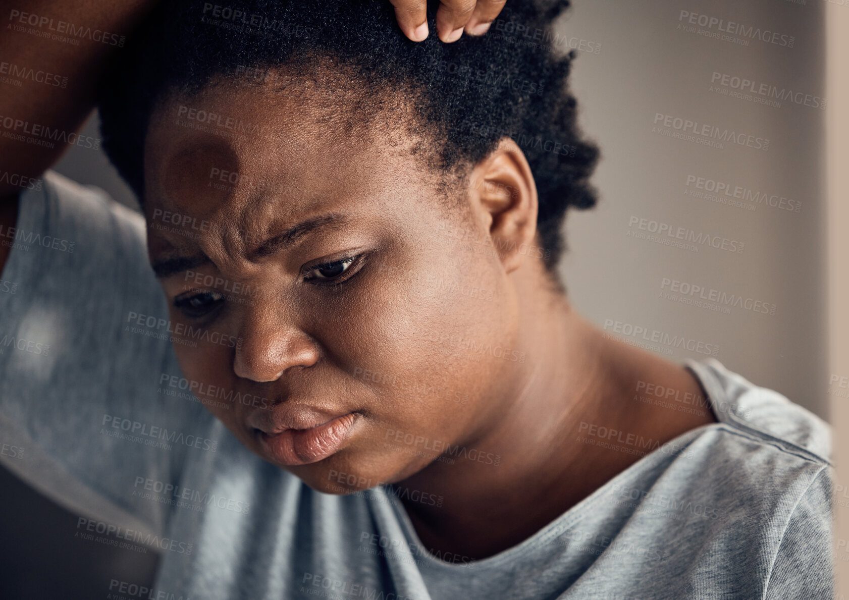 Buy stock photo Sad, thinking and a black woman with depression in a house with anxiety or a mental health idea. Home, anxiety and an African girl or person with vision of life while frustrated from a mistake