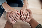 Holding hands, support and prayer, trust with people and counseling top view, psychology and therapy together. Kindness, respect and worship, help and wellness with communication, comfort and care