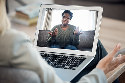 Buy stock photo Woman, video call and therapy on laptop screen for support, advice or helping with mental health in online meeting. Virtual psychologist or therapist talk to client or african person on computer