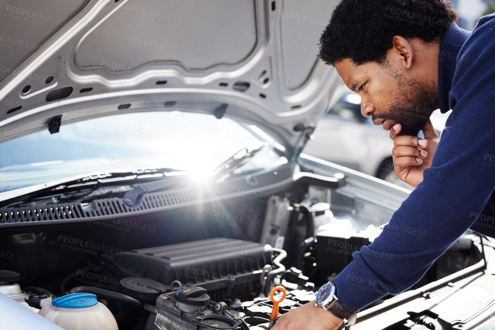 Buy stock photo Black man, car breakdown and confused with engine problem in road with doubt, auto repair service insurance and travel. Motor crisis, transport and frustrated driver on street checking under hood.