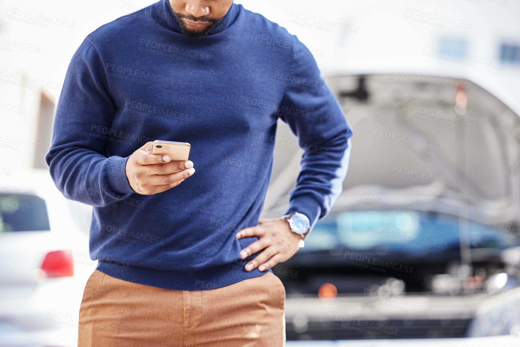 Buy stock photo Black man, car breakdown and typing on phone at roadside with stress, auto insurance and travel. Motor problem, transport and frustrated driver on road checking website for repair service in crisis.