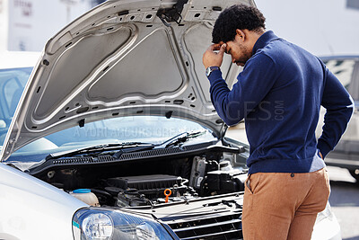 Buy stock photo Black man, car breakdown and confused at roadside with stress, in need of auto repair service insurance and travel. Motor problem, transport and frustrated driver on road checking engine in crisis.