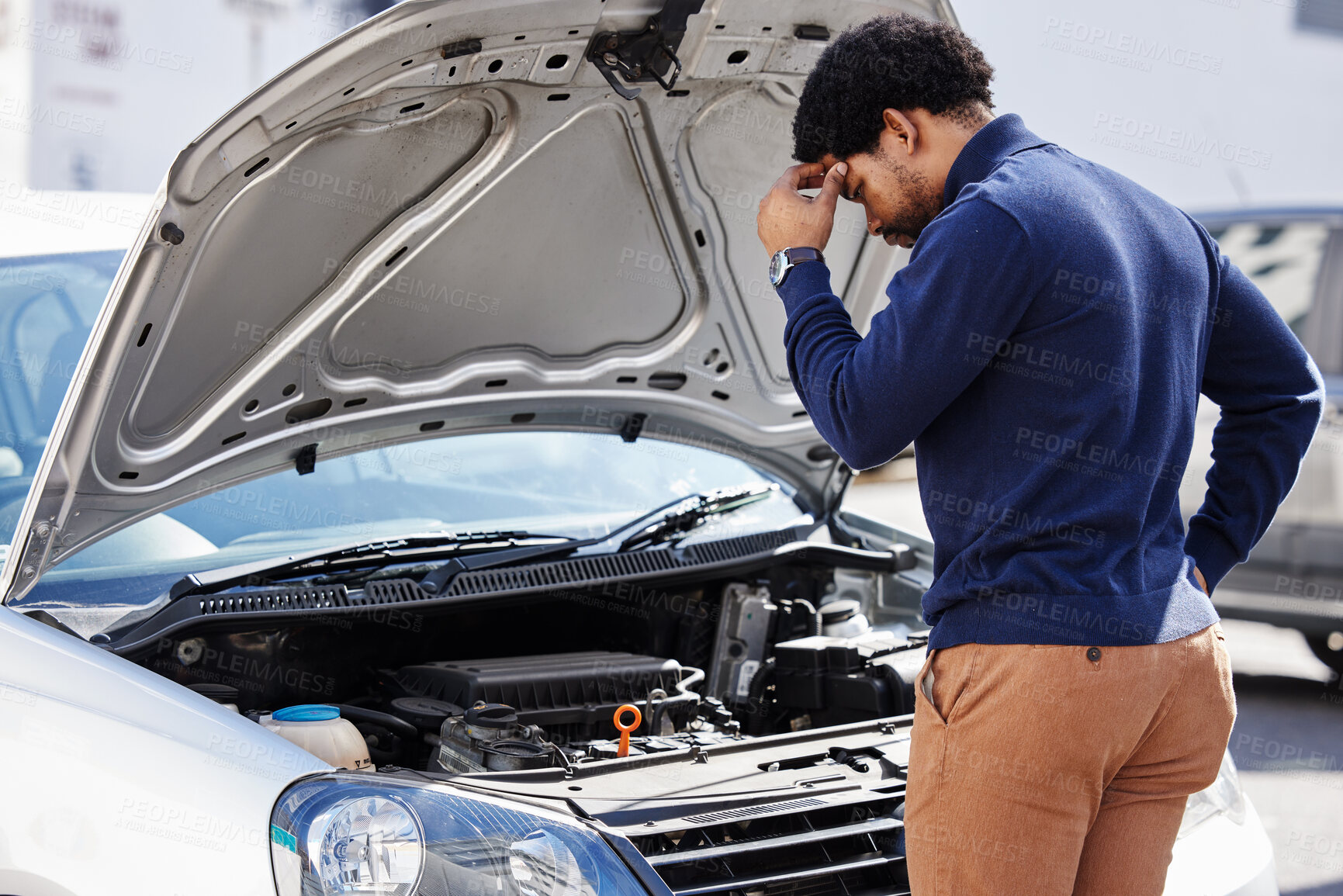 Buy stock photo Black man, car breakdown and confused at roadside with stress, in need of auto repair service insurance and travel. Motor problem, transport and frustrated driver on road checking engine in crisis.