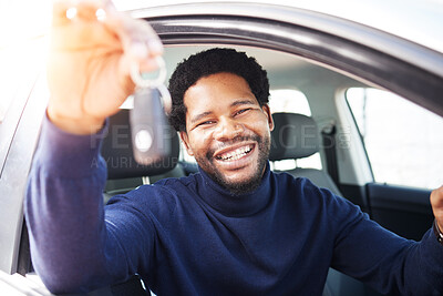 Buy stock photo Man, new car and window with keys, portrait and excited smile for drive, travel and transportation on street. Happy African guy, freedom and transport in vehicle on journey, road trip and adventure