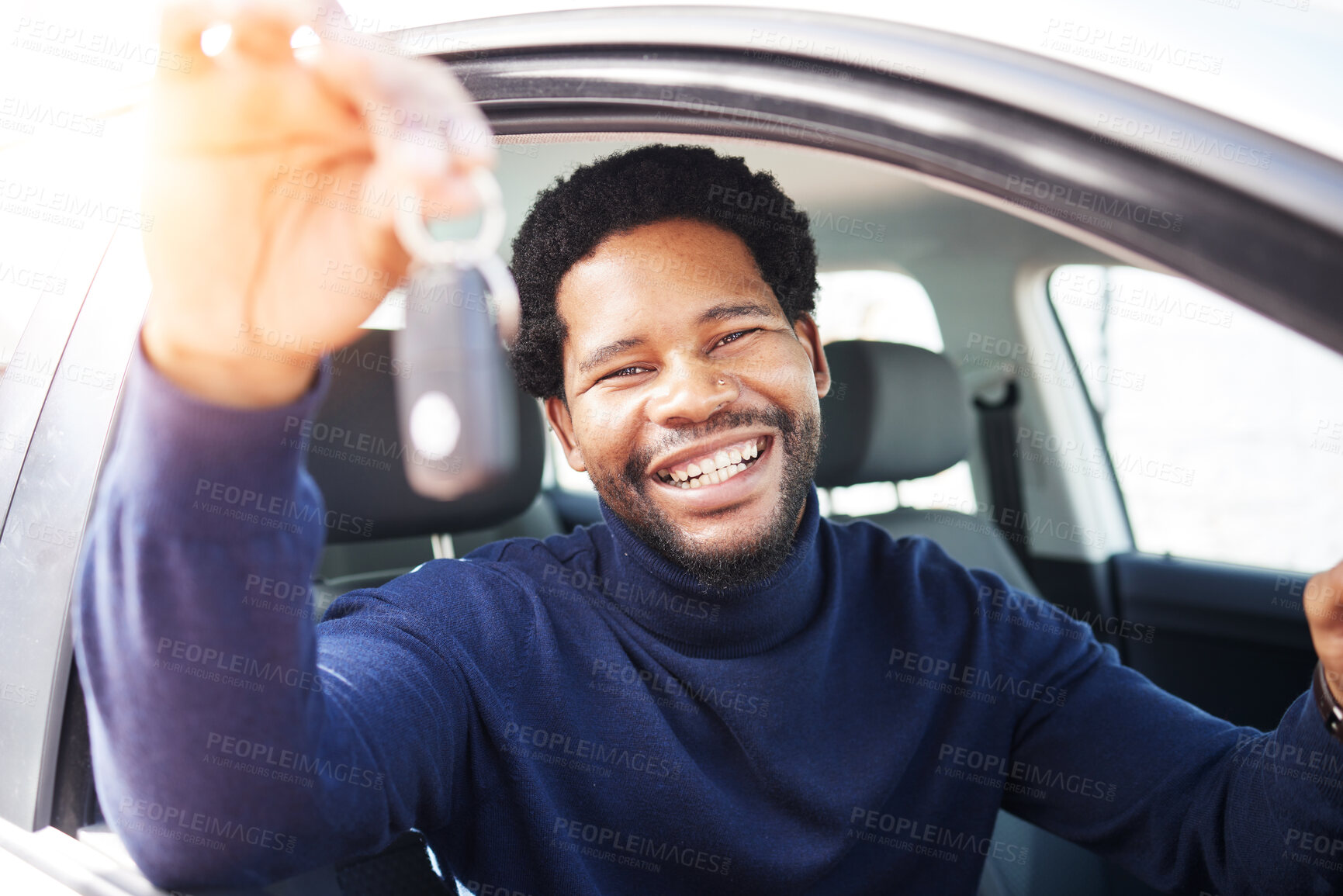 Buy stock photo Man, new car and window with keys, portrait and excited smile for drive, travel and transportation on street. Happy African guy, freedom and transport in vehicle on journey, road trip and adventure