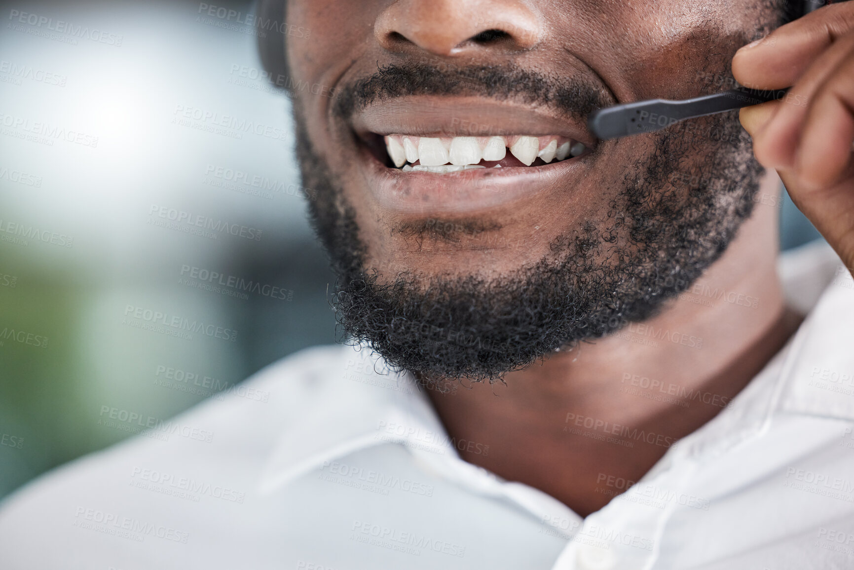 Buy stock photo Mouth, man consulting for telemarketing in call center, customer service and advisory help of CRM questions. Closeup face of salesman, microphone and communication for telecom support, FAQ or contact