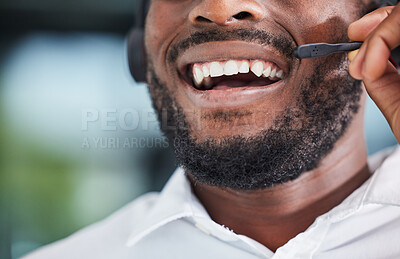 Buy stock photo Mouth, man and smile for communication in call center, customer service and advisory contact for CRM questions. Closeup face of happy sales agent, microphone and laughing for telecom support