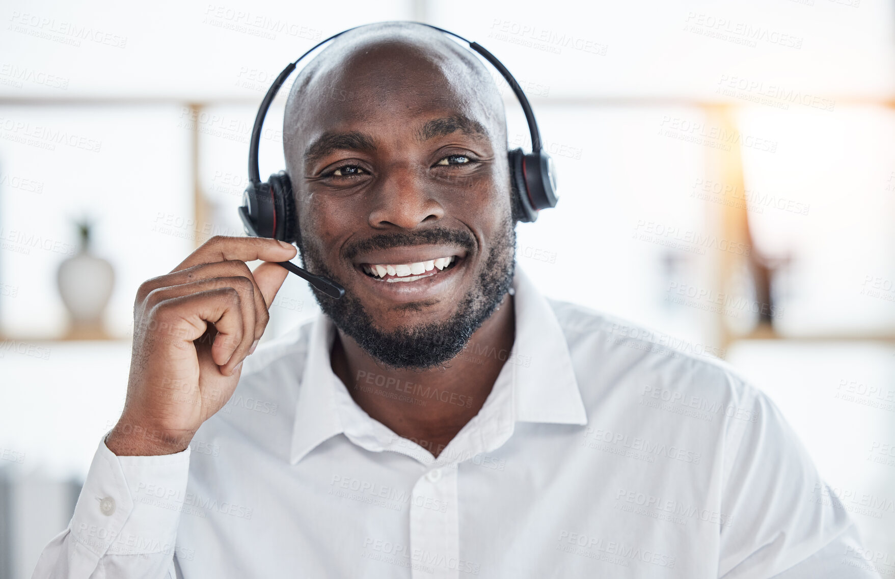 Buy stock photo Call center, black man and happy portrait in office or workplace with consultant in customer service, crm or communication. Businessman, talking and contact us for support, advice or help desk