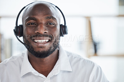 Buy stock photo Happy, portrait and black man in a call center office or workplace with consultant in customer service, crm or communication. Businessman face, talking and contact us for support, advice or help desk