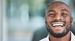 Mockup, space and happy black man administrator with a smile for startup company success in an office. Worker, African and face or portrait of businessman or employee with positive or mission mindset