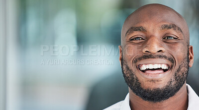 Buy stock photo Mockup, space and happy black man administrator with a smile for startup company success in an office. Worker, African and face or portrait of businessman or employee with positive or mission mindset