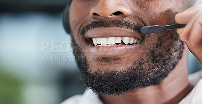 Buy stock photo Mouth, man and communication for telemarketing in call center, customer service and advisory contact for CRM questions. Closeup face of happy sales agent, microphone and consultant of telecom support