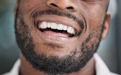 Buy stock photo Teeth, mouth and happy black man or businessman with a dental smile in startup company after treatment in an office. Clean, African and face of businessman or employee with dentist oral health 