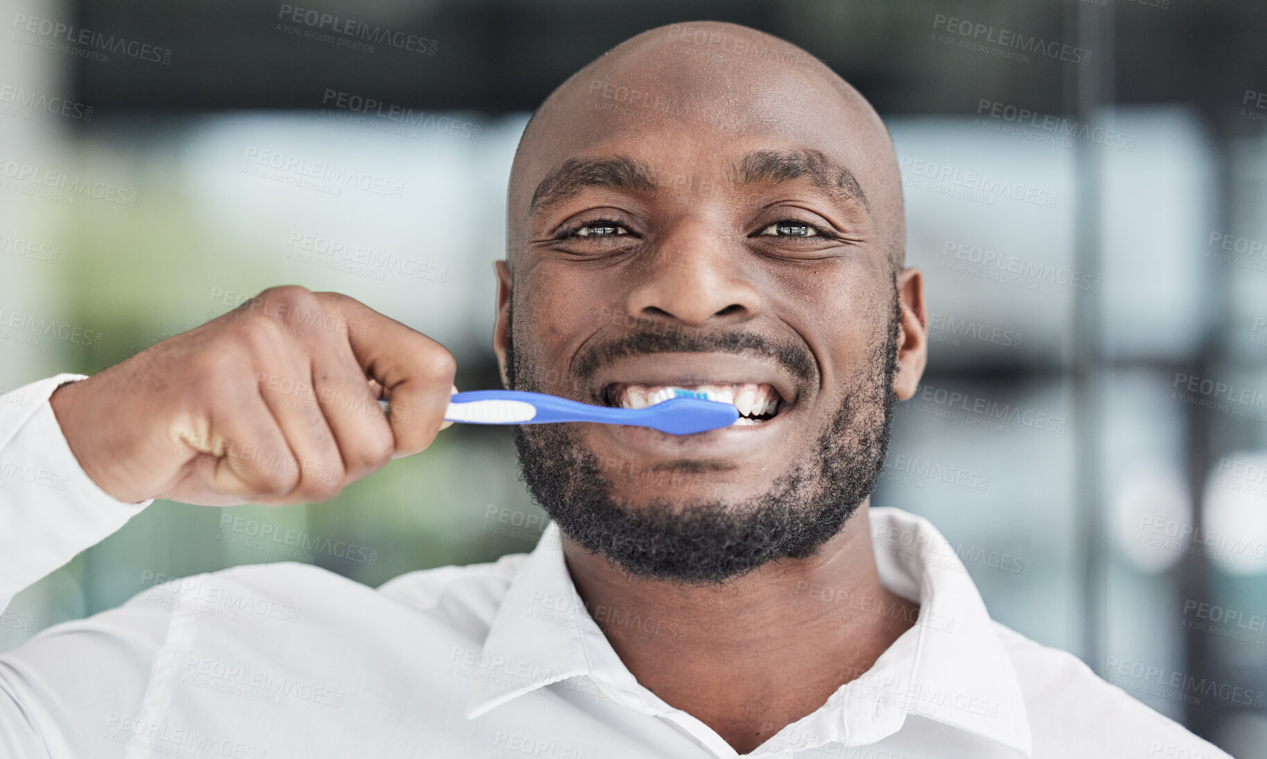 Buy stock photo Black man, portrait and brushing teeth with toothbrush, dental and health, hygiene and grooming. African male person, face and toothpaste with oral care, orthodontics and routine with fresh breath