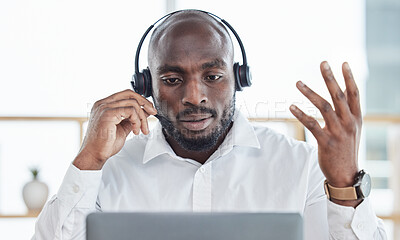 Buy stock photo Black man, laptop and business consulting in call center for customer service, advisory and questions. Face, serious salesman and working on computer in CRM agency for telecom support, FAQ or contact