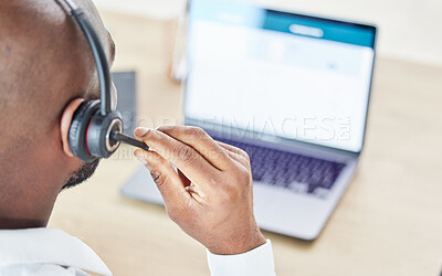 Buy stock photo Back of man, call center and communication on laptop for CRM questions, telemarketing and customer service. Sales consultant, help desk or lead generation on microphone at computer for FAQ support 