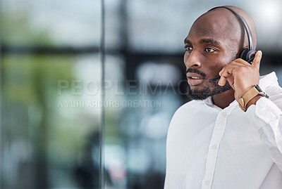 Buy stock photo Black man, call center and thinking of solution for customer service, advisory help and FAQ questions. Serious salesman working in CRM agency for telecom consulting, tech support and communication 