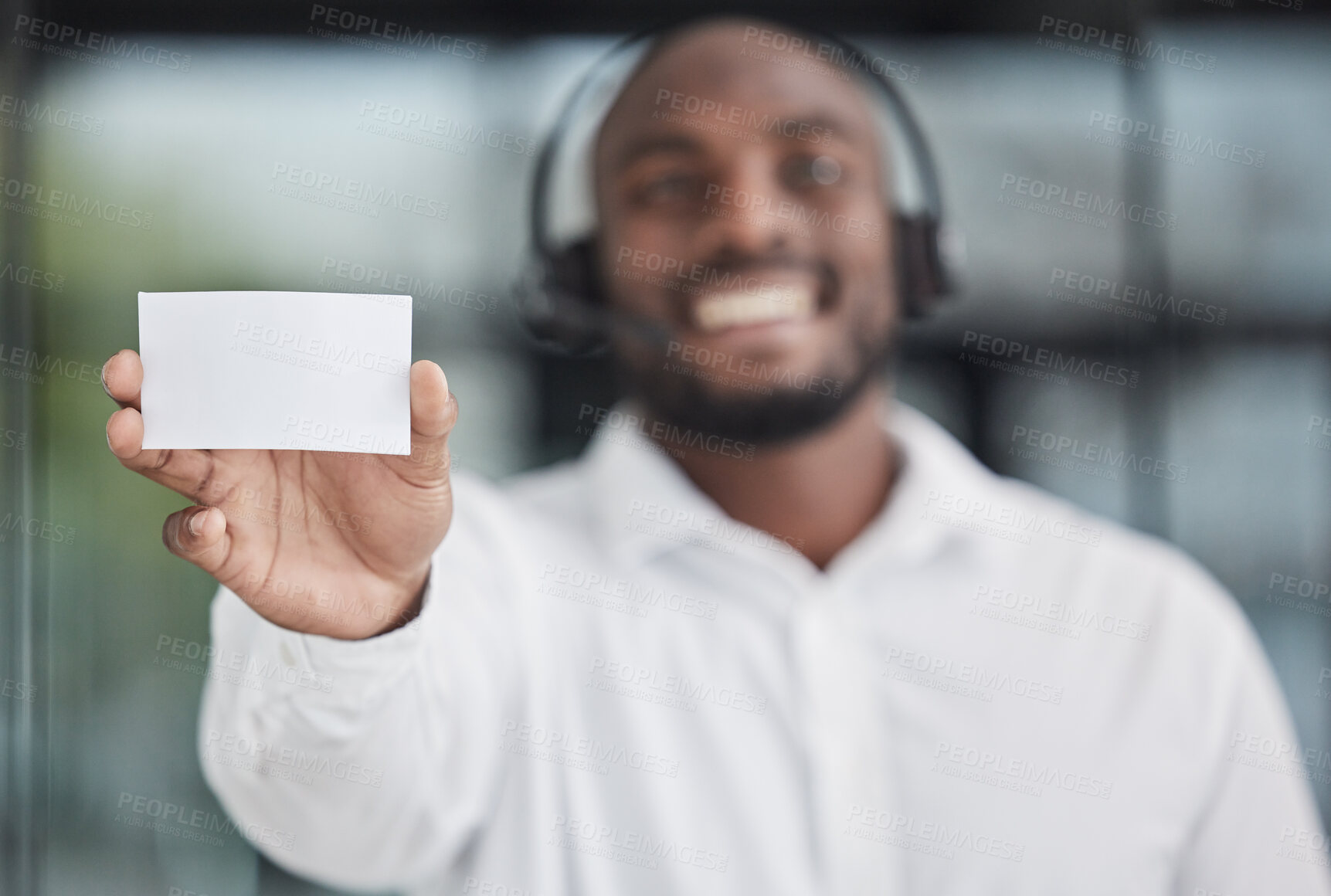 Buy stock photo Mockup, business card or salesman advertising space, branding news or information about us. Closeup of call center agent show paper note of promotion, contact to sign up or telemarketing announcement