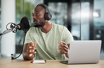 Buy stock photo Black man, microphone and talk show, headphones and radio DJ with news, communication and audio equipment. Podcast, technology and multimedia with male person, laptop with announcement and broadcast