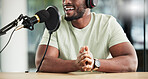 Black man, speaker and microphone, radio DJ with headphones, news communication and audio equipment. Podcast, technology and multimedia with male presenter, mouth, talk show with press and broadcast