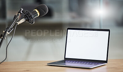 Buy stock photo Laptop screen, mockup and microphone, radio or podcast with audio equipment, technology and marketing for show. Multimedia, communication and email with website design layout, news and about us on pc