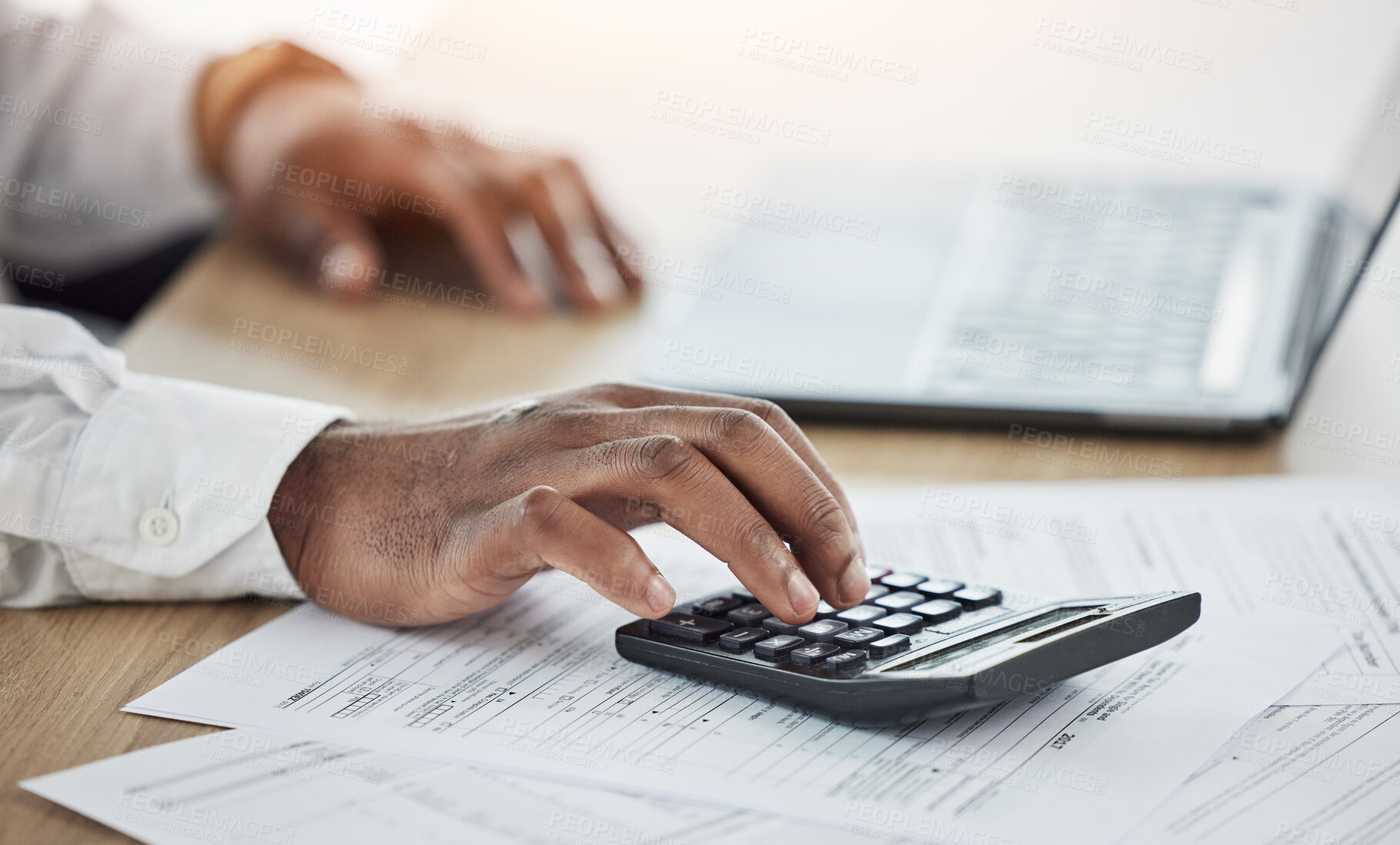 Buy stock photo Person hands, calculator and computer with documents for financial planning, taxes management or business debt. Accountant on laptop, paperwork and math or numbers of startup budget, profit or goals